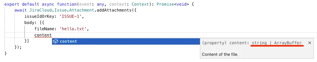 Snippet of TypeScript code for an asynchronous function adding an attachment in JiraCloud, with a tooltip showing content type as string or ArrayBuffer.