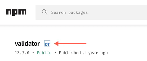 The DT logo, highlighted next to an associated NPM package.