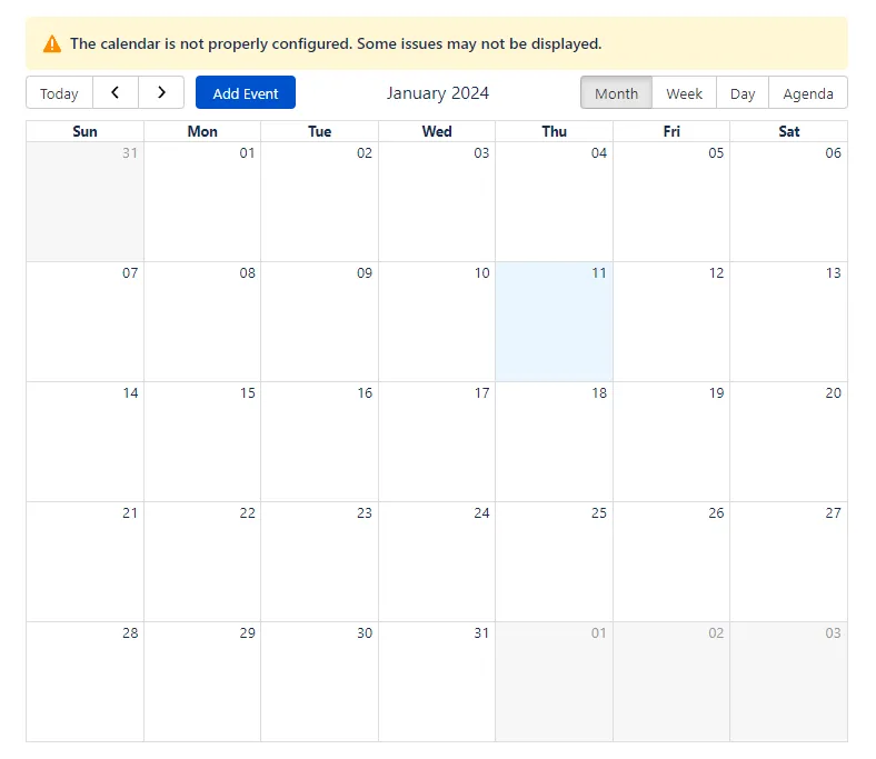 Warning message on Calendar for Confluence: "The calendar is not properly configured. Some issues may not be displayed."