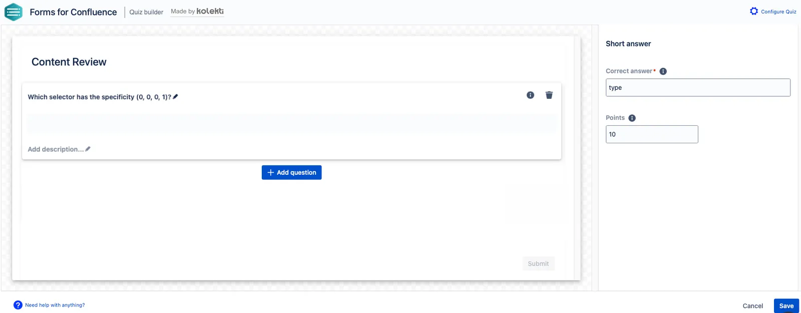 Short answer question setup screen showing fields for the question text, description, correct answers, and points.