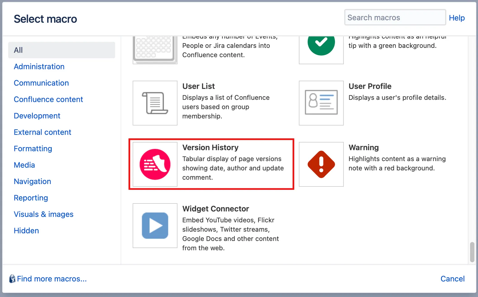 Version History hilighted in the Select macro dialog.