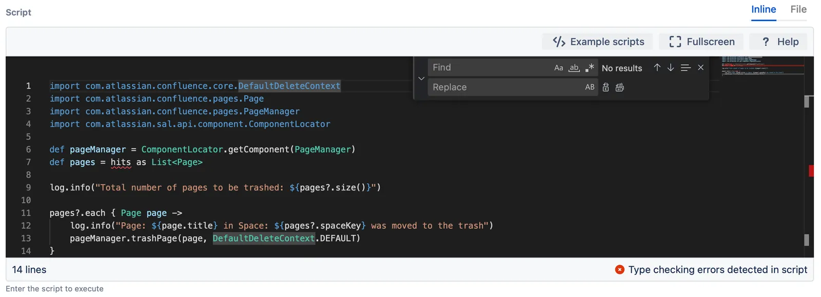 An example find and replace in the code editor.