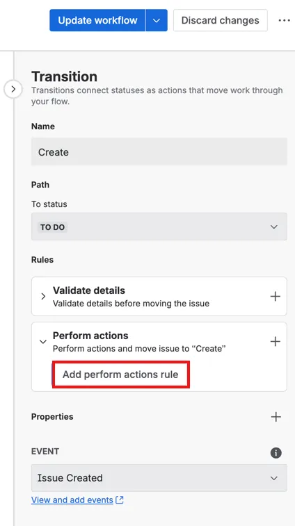 Add Perform actions rule dialog showing options for configuring a new workflow rule in Jira