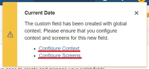 Warning message linking to additional configuration options for the new scripted field