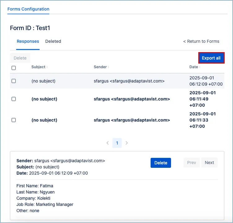 Export all button highlighted in the Responses tab with export options displayed