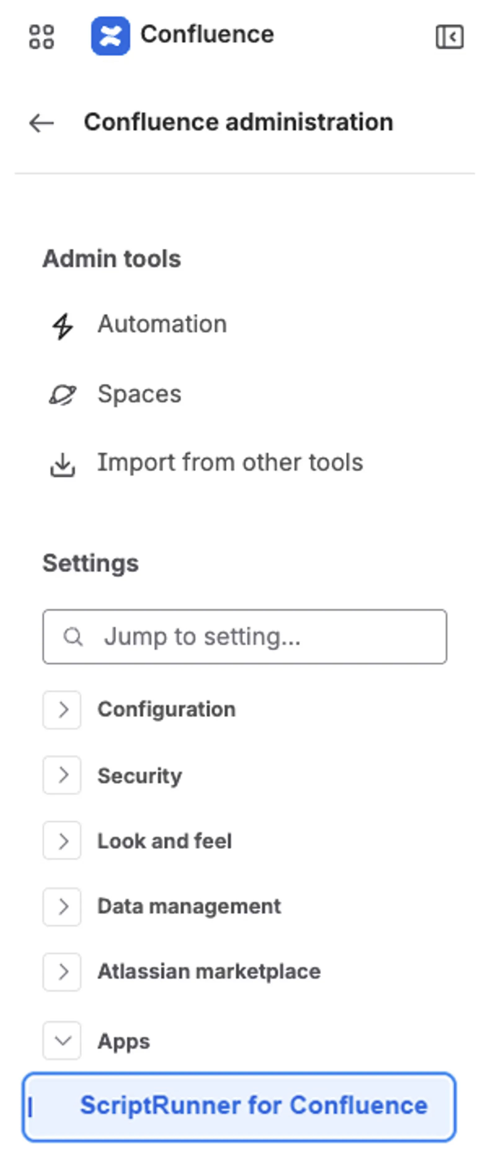 The ScriptRunner for Confluence option in the Confluence Administration menu.