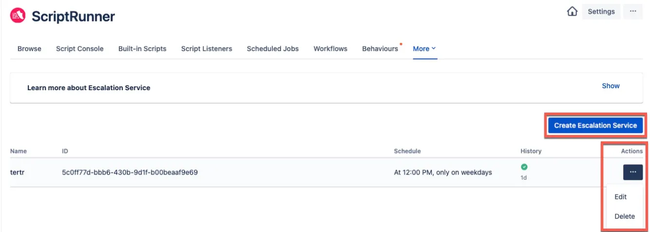 Escalation Service list view showing existing services with the Create Escalation Service button highlighted
