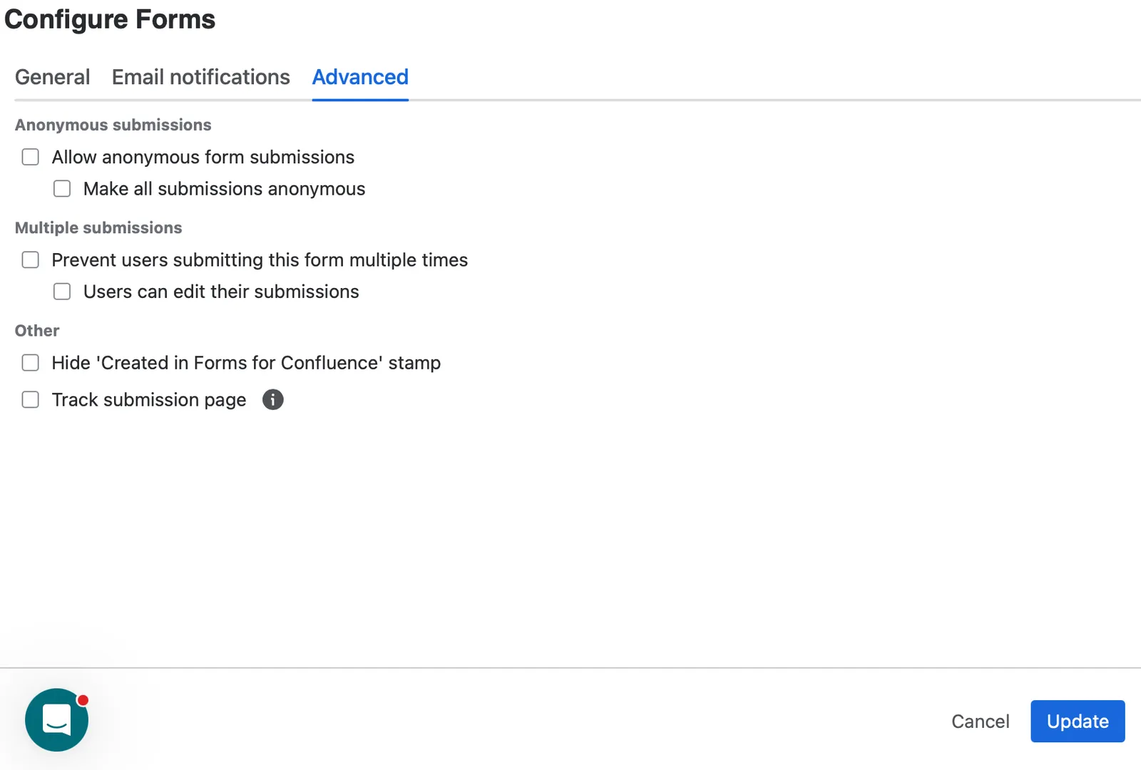 Advanced tab in Form Builder showing anonymous submission configuration options
