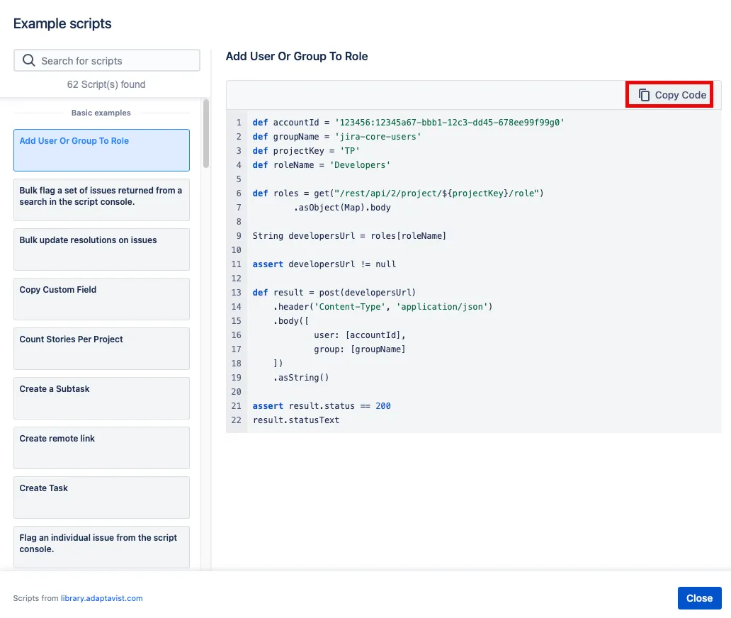 Example scripts screen showing a list of available scripts and the selected script code in the Script Console