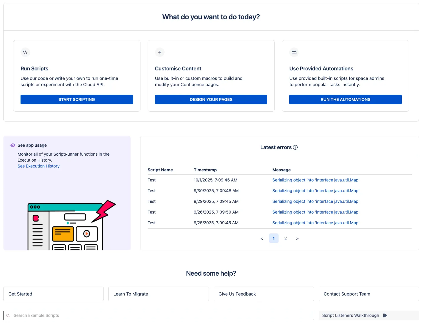 The ScriptRunner for Confluence Cloud homepage.