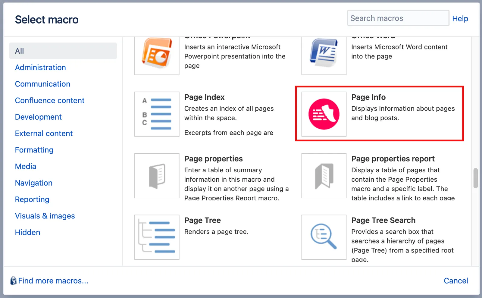 The Page Info macro hilighted in the Select macro dialog.