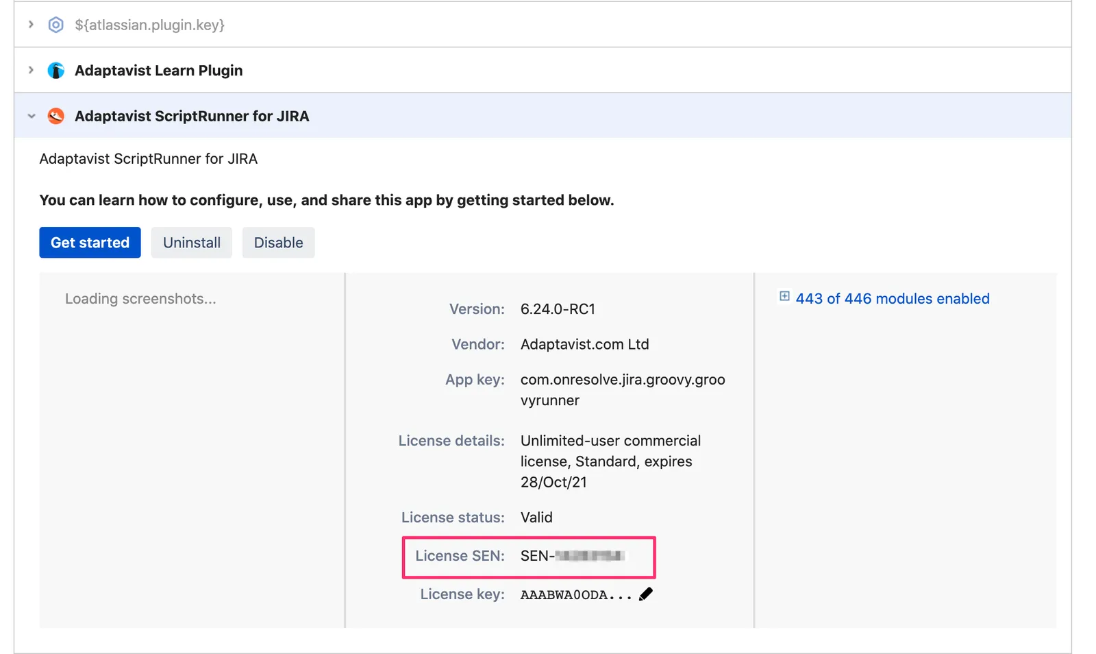Expanded information about ScriptRunner for Jira with the License SEN highlighted.