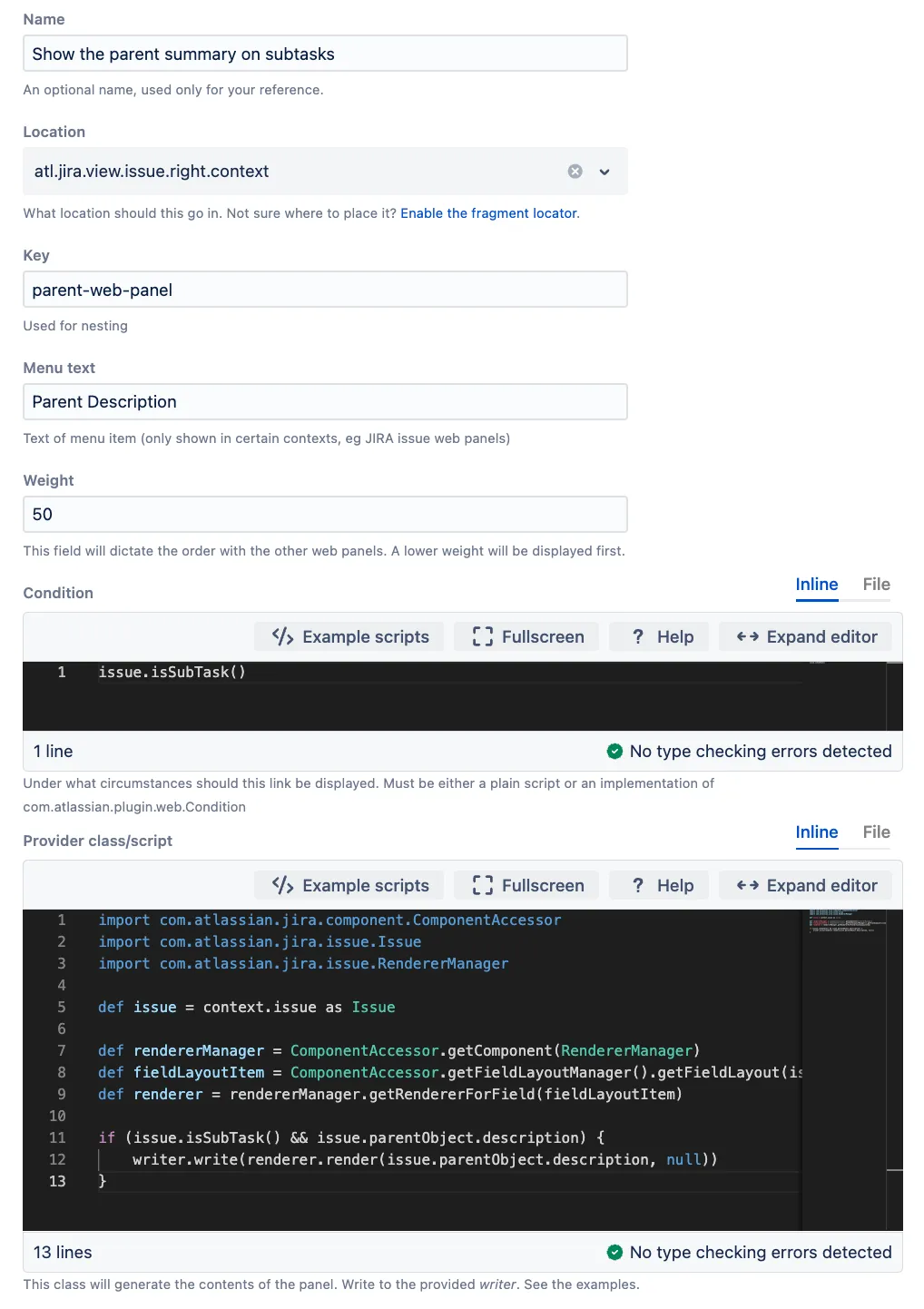 ScriptRunner Create Fragment configuration screen showing a web panel set to display only when the current JIRA issue is a subtask