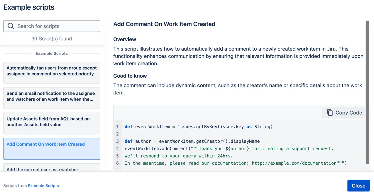 Example scripts modal showing a list of reusable Perform actions rule scripts