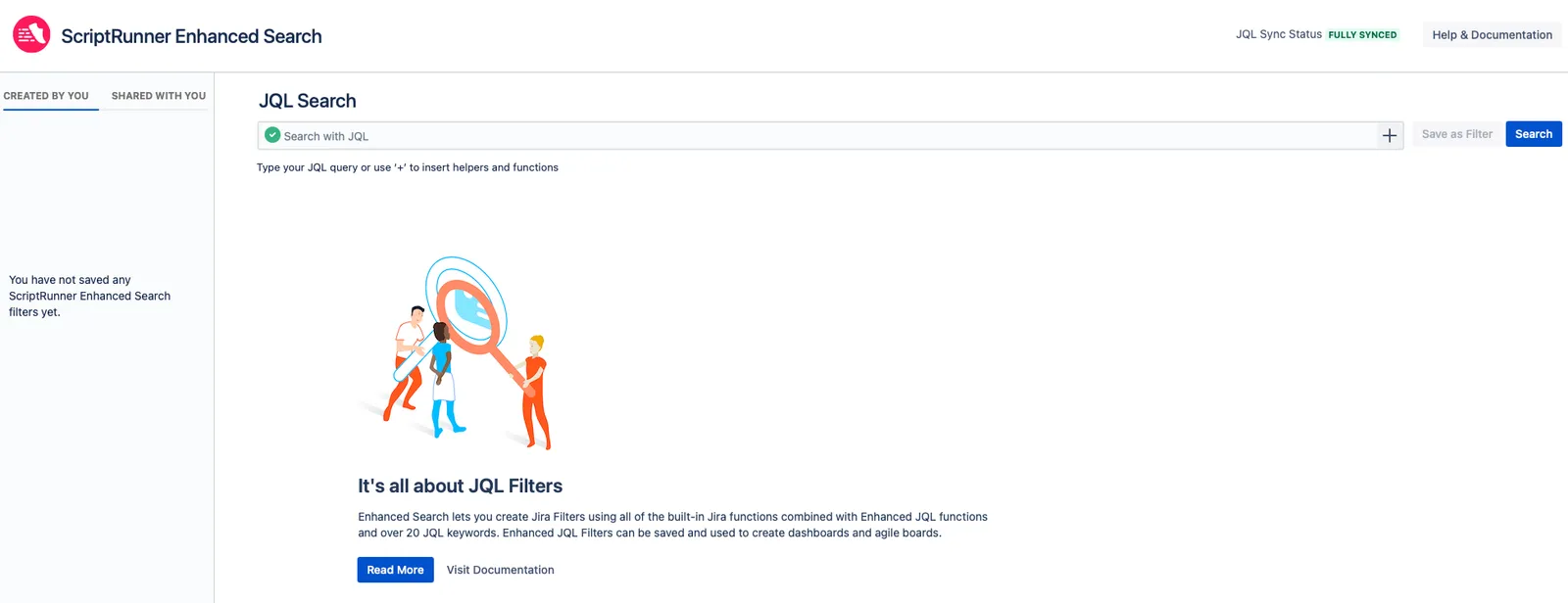 ScriptRunner Enhanced Search landing page showing the JQL Search bar, filters, and results table