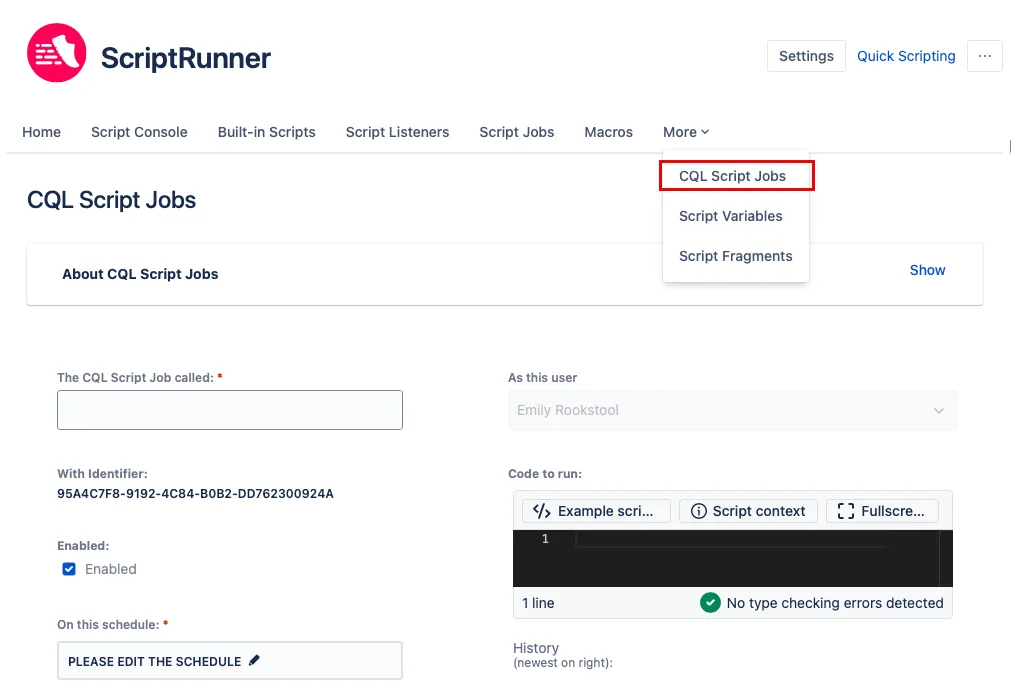 CQL Script Jobs highlighted in the More option of the ScriptRunner for Confluence homepage top navigation.