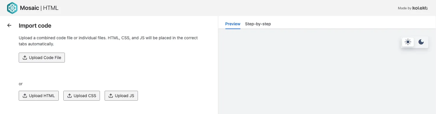 HTML macro interface showing options to upload a single combined file or separate HTML, CSS, and JS files, with tabs automatically created for each file type.