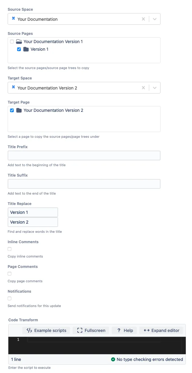 The script form filled out with example content.