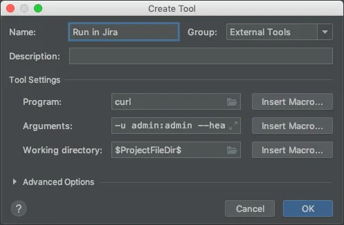 A Create Tool window, with example configuration.