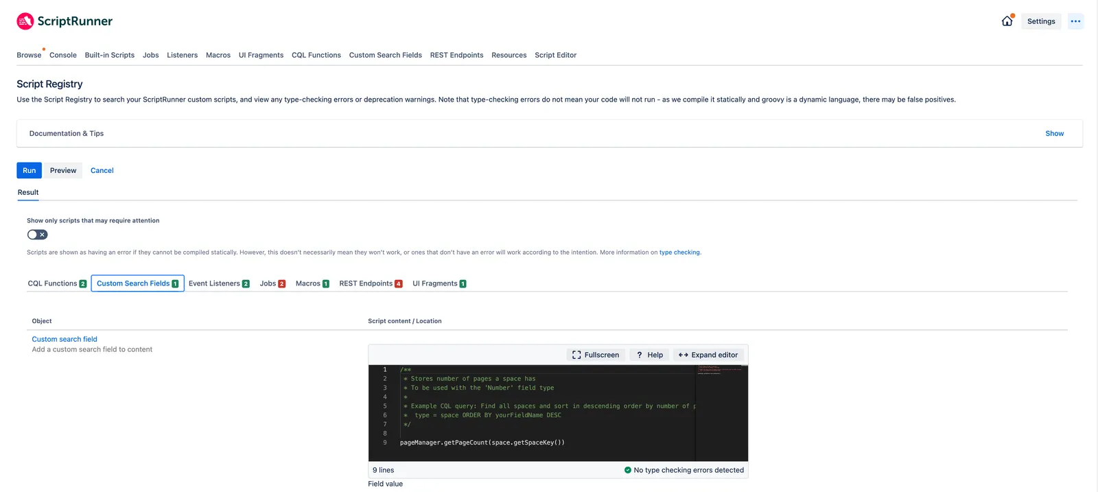 The ScriptRunner Script Registry page.
