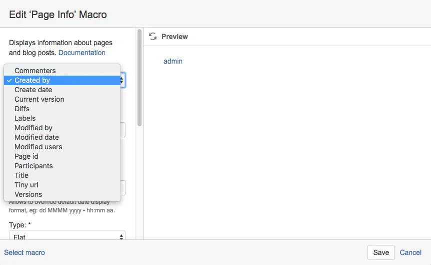 The Edit Page Info Macro dialog with an example selected field.
