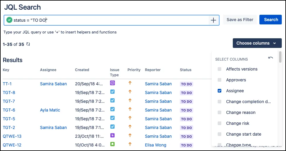 Search results table with the Choose Columns dialog open, showing configurable issue fields.