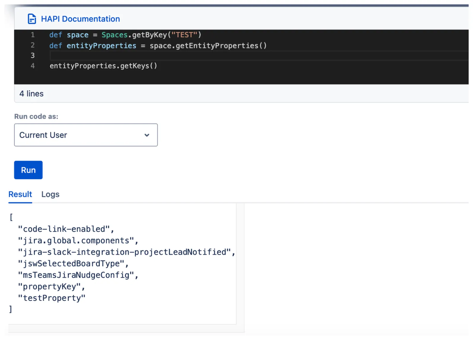 Screenshot of the getKeys() function output showing the list of available keys.