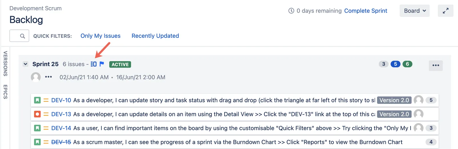 View in Issue Navigator icon next to the sprint name in the Backlog screen