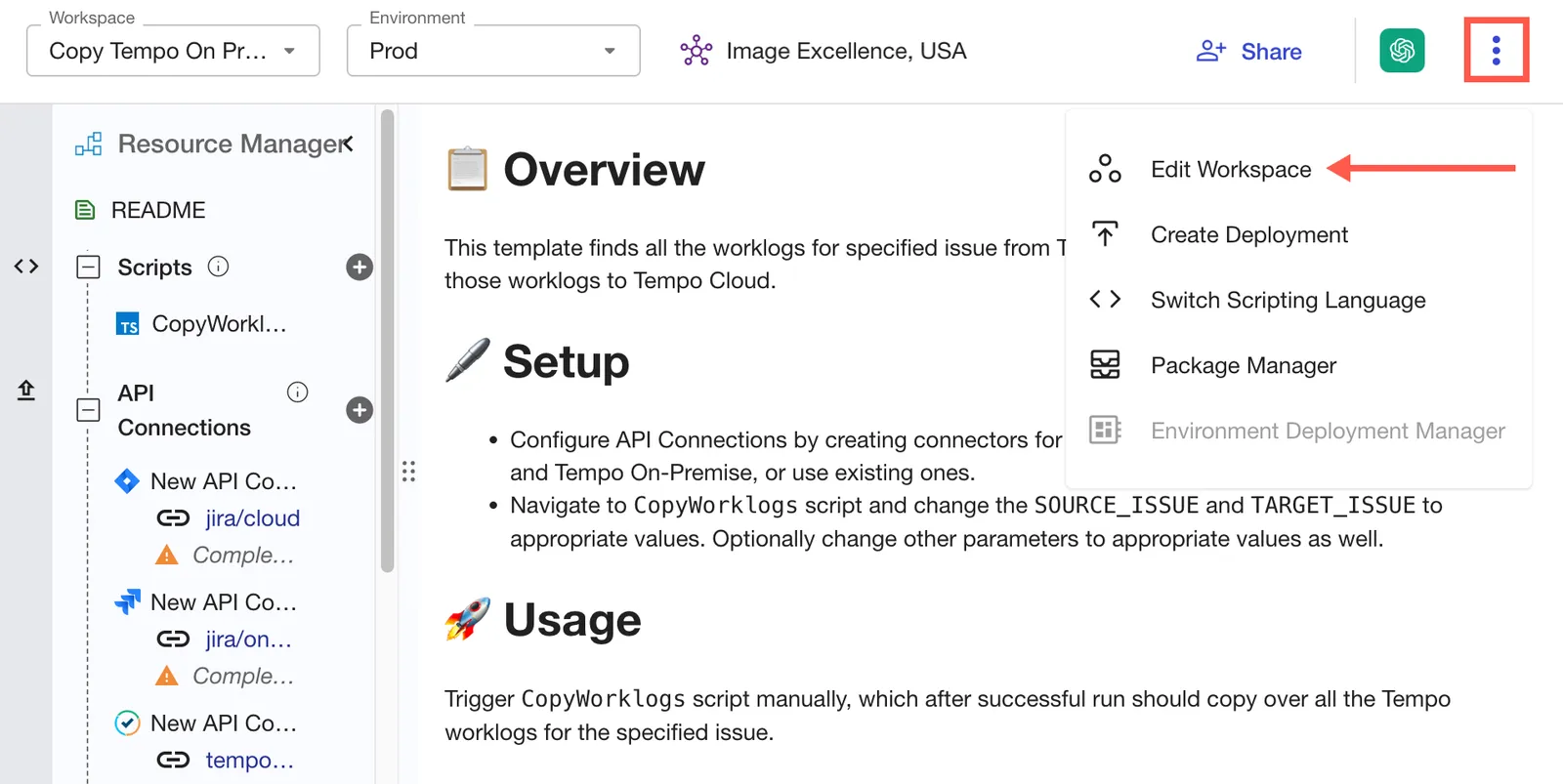 The ScriptRunner Connect workspace view with the Actions menu opened and the Edit Workspace option shown.