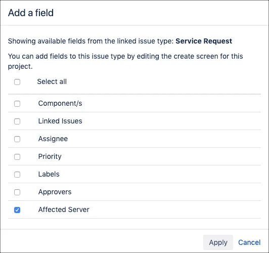 Service Management Add a Field dialog showing ScriptRunner script fields available to add to a request type