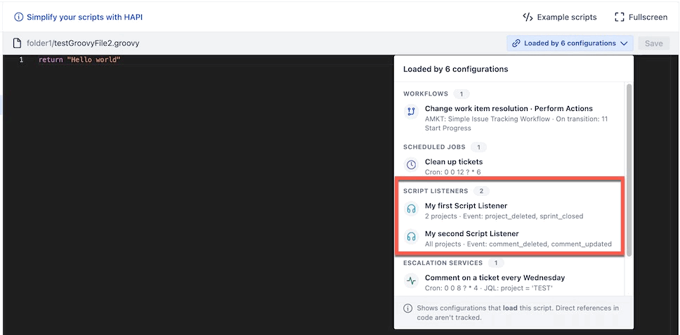 Script Usage drop-down showing the Groovy configurations that are loading the selected script