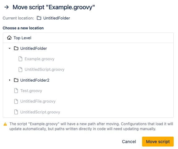 Move script dialog showing source folder, destination folder, warning message, and Move script button