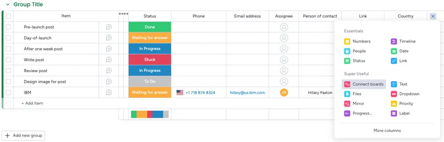 Screenshot of the original board in Main Table view showing items before connecting subitems to the Storage Board.