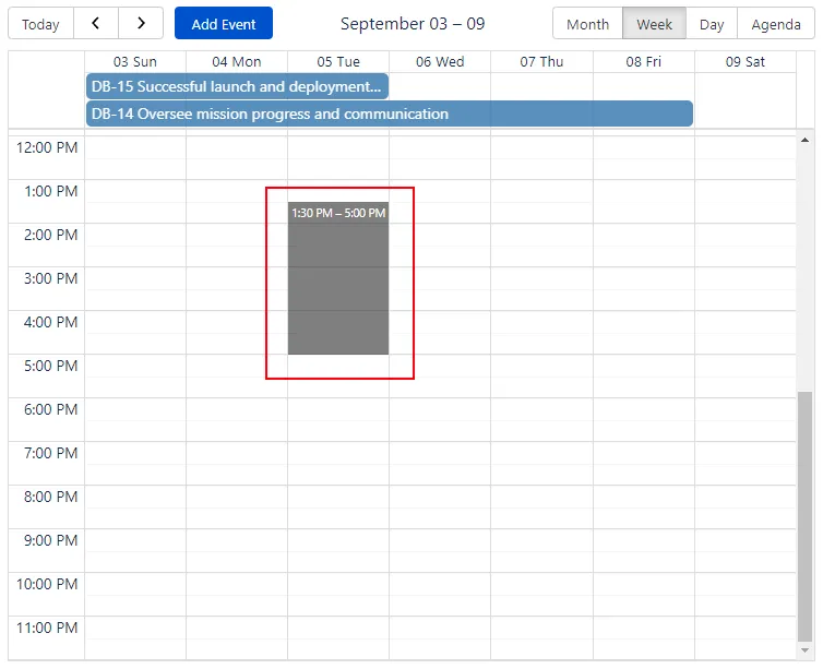 Calendar for Confluence Week view with a dragged time range selected to create an event