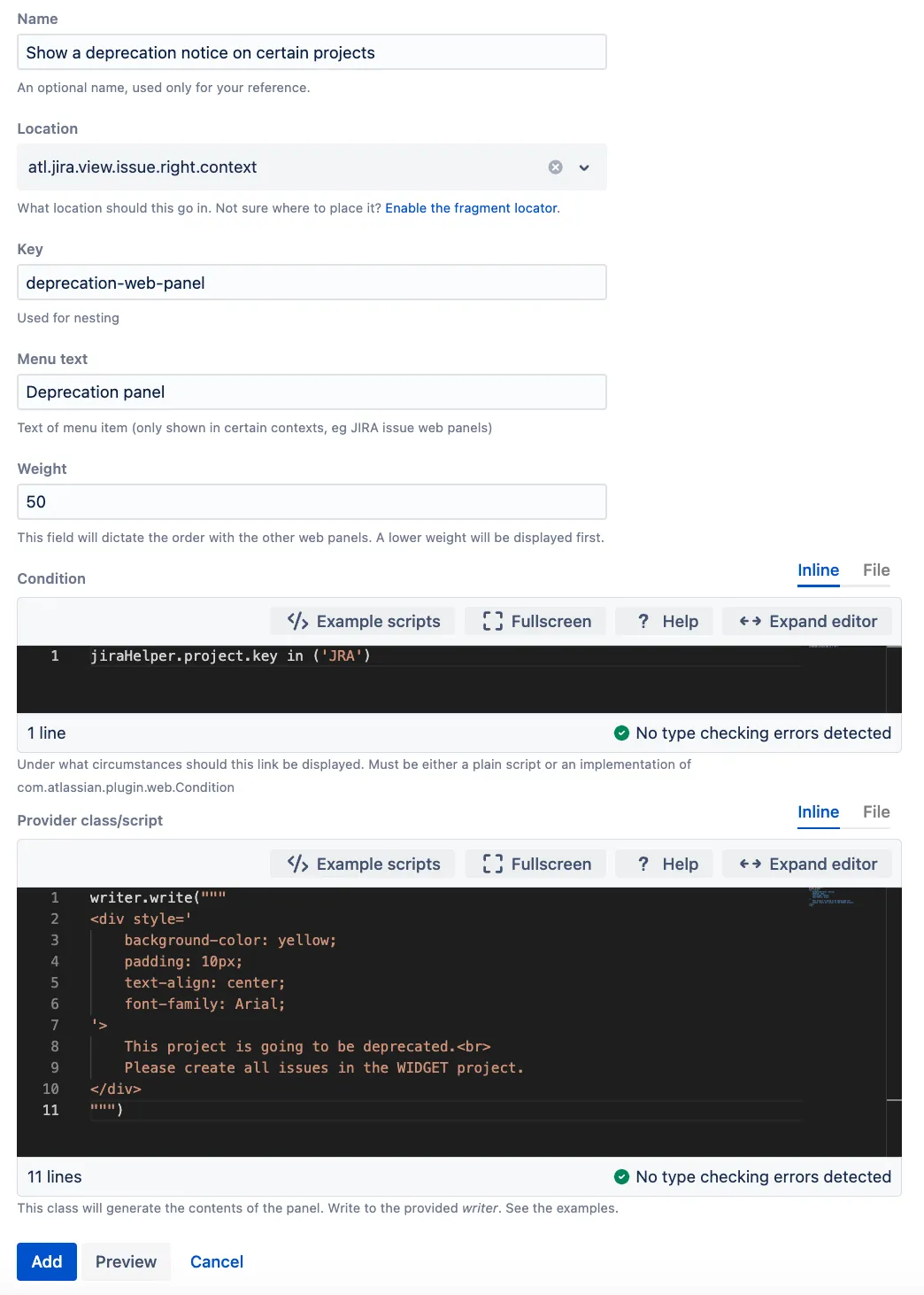 ScriptRunner Show a web panel configuration screen with fields for name, key, location, URL, and weight highlighted