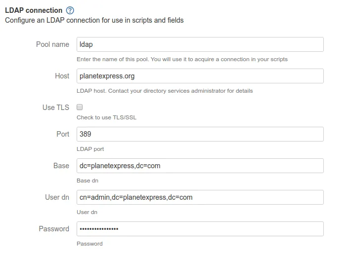 The LDAP connection dialog with example configuration.