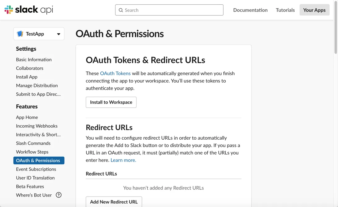 The OAuth and Permissions section of the Slack API.
