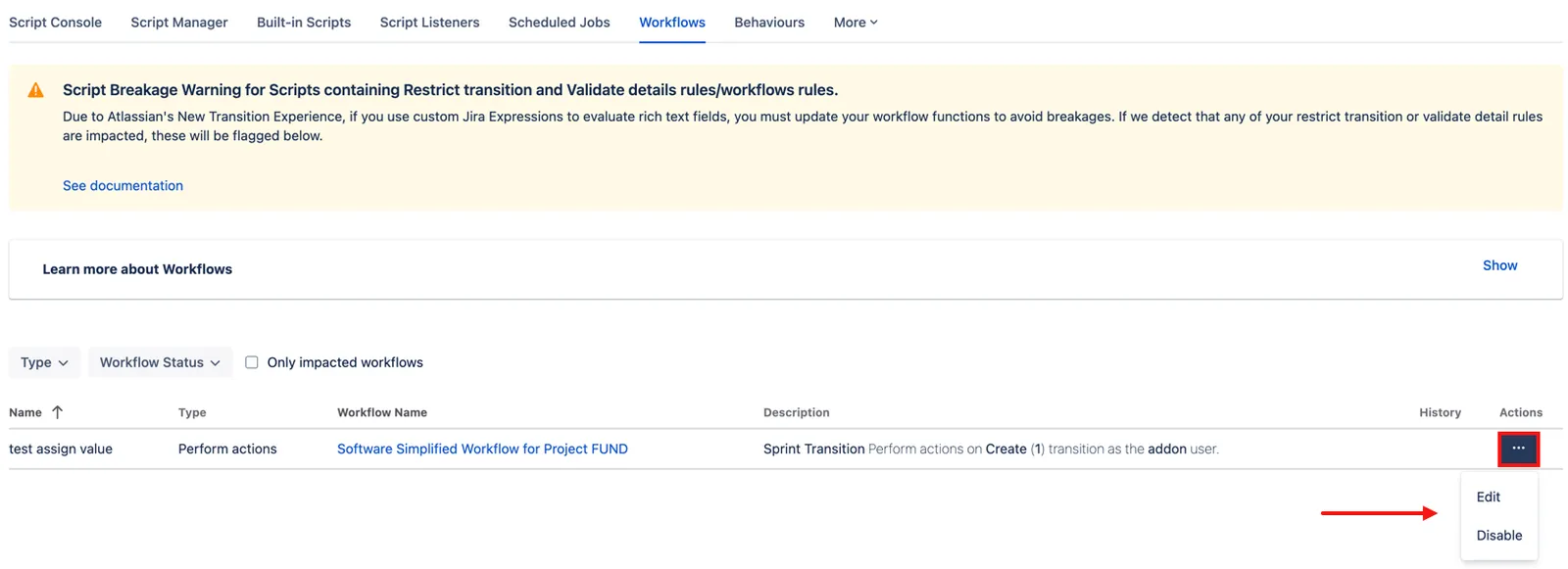 Edit or disable workflow options in the Actions menu