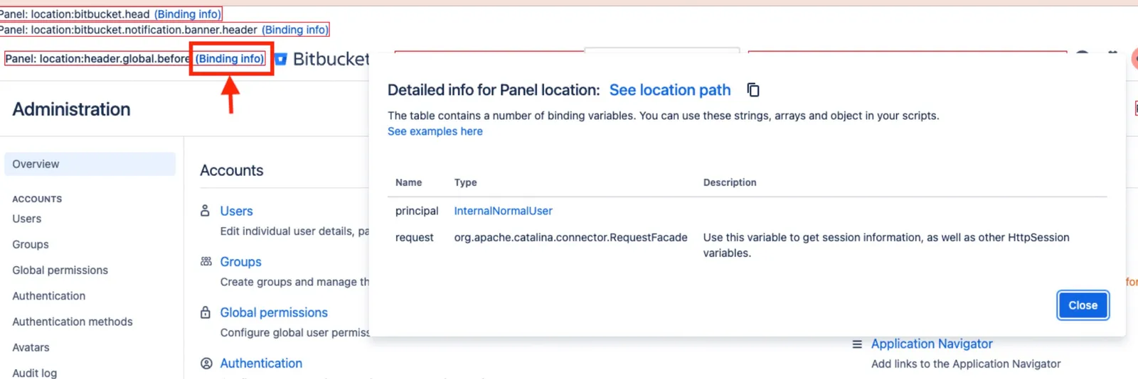 Binding Info window showing the selected fragment location path