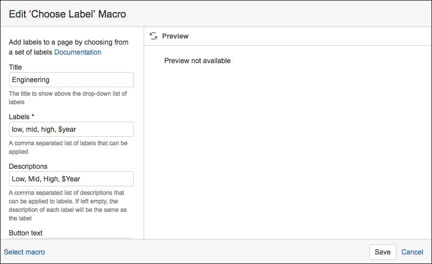 The Choose Labels dialog with the example content.