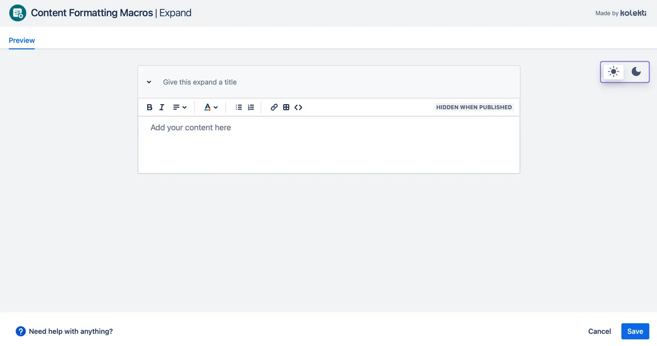 Advanced Expand macro displayed inside an open box layout, showing how additional information can be revealed without cluttering the page.