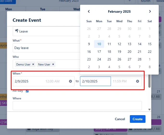 When field with calendar date picker and start and end time selectors highlighted in the event creation form