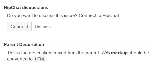 JIRA subtask issue screen showing a web panel that displays the parent issue description