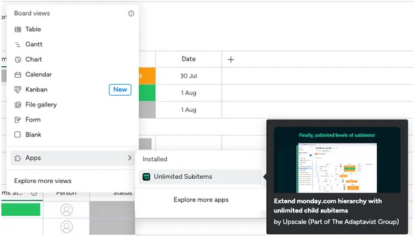 Unlimited Subitems in the Apps section of the board menu.