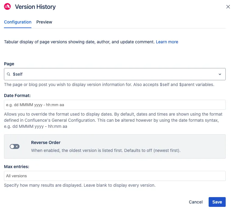 The Configuration tab of the Insert Version History macro dialog.