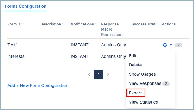 Forms Configuration tab showing the cog icon menu with the Export option selected for a specific form ID