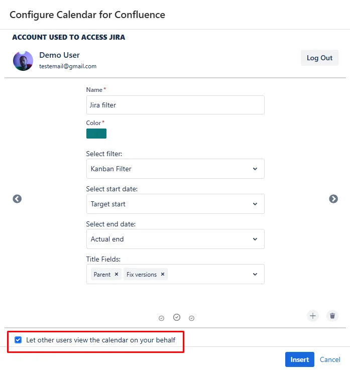 Calendar configuration screen showing the option "Let other users view the calendar on your behalf" selected.