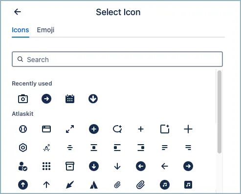 Icons library interface showing categorized icon groups and a recently used icons row within the Button macro