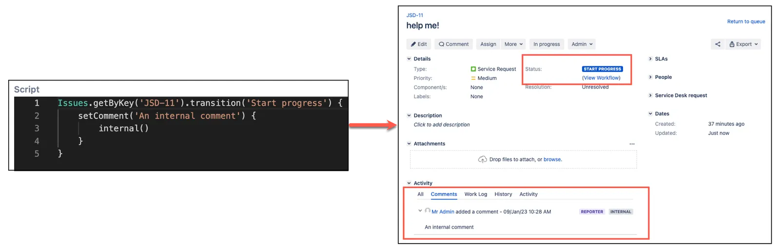 Adding an internal comment while updating an issue in the transition screen