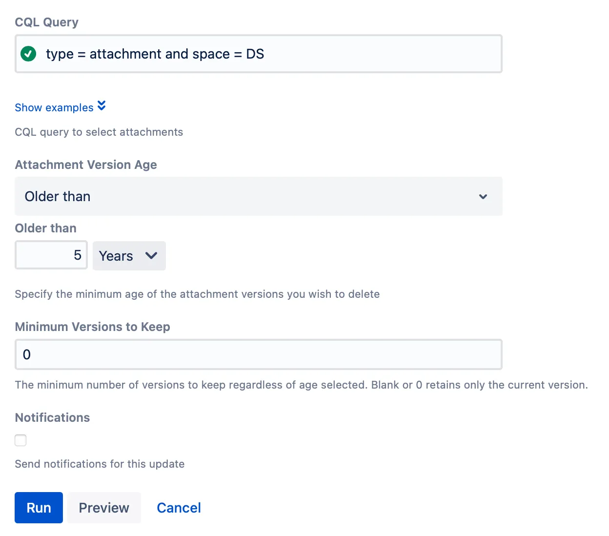 A CQL query with the above configuration details.